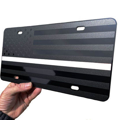 Picture of Thin White Line American Flag License Plate Emergency Medical Services Matte Black on 1/8" Black Aluminum Composite Heavy Duty Tactical Patriot USA Car Tag