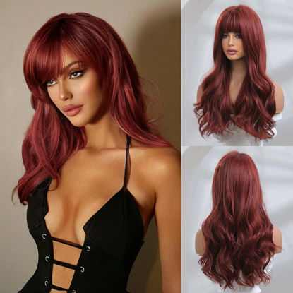 Picture of Honygebia Dark Red Wig with Bangs - Burgundy Wigs for Women, Wine Red Long Straight Layered Realistic Hair, Natural Synthetic Heat Resistant Wigs for Halloween/Party/Cosplay