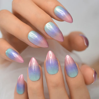 Picture of Coolnail Holographic Chrome Glossy Gradient Ombre French Almond Fake Nail Rainbow UV Stiletto False Finger Tip for Manicure Women Girl