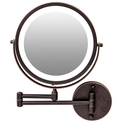 Picture of Ovente 9.6" Lighted Wall Mount Makeup Mirror, 1X & 10X Magnifier, Adjustable Double Sided Round LED, Extend, Retractable & Folding Arm, Compact & Cordless, Battery Powered Antique Bronze MFW85ABZ1X10X