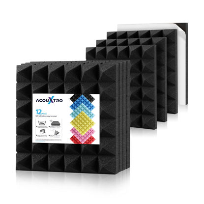 Picture of Sound Proof Foam Panels 12 x 12 x 2 inches, 12 Pack Acoustic Foam Panels, Self-Adhesive Sound Proofing Padding for Wall, 2" Pyramid Studio Foam Acoustical Treatment for Sound Deadening, Black