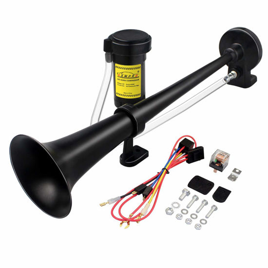 Picture of GAMPRO 12V 150db Air Horn, 18 Inches Chrome Zinc Single Trumpet Truck Air Horn with Compressor for Any 12V Vehicles Trucks Lorrys Trains Boats Cars (Black)