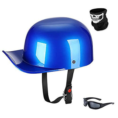 Picture of Woljay Vintage Open Face Motorcycle Helmet Retro Baseball Cap Half Helmets Men Women for Cruiser Street Scooter Moped Cap Jet with Mask Glasses - DOT Certified (Medium, Blue)