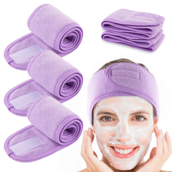 Picture of Spa Facial Headband Whaline 4 Packs Head Wrap Terry Cloth Headband Adjustable Stretch Towel for Bath, Makeup and Sport (Light Purple)