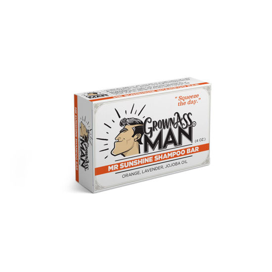 Picture of Grown Ass Man Co. - Solid Shampoo Bar Rich Lather 3 in 1: Hair, Beard & Body Wash - Plastic Free & Eco-Friendly, Natural & Organic Clean for All Hair Types, 4oz Bar (Mister Sunshine, Single)