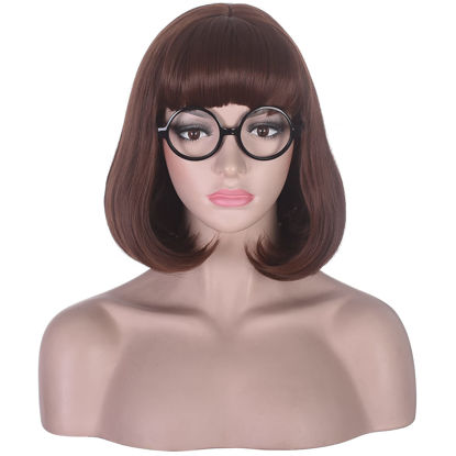 Picture of Morvally Short Brown Bob Wig with Bangs for Velma Cosplay Costume Hallaween Party Including Glasses (Brown)