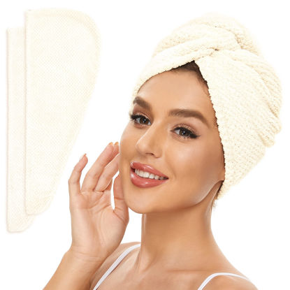 Picture of Microfiber Hair Towel for All Hair Style, 2 Pack Quick Drying Hair Turban - Perfect for Women, Men and Kids (Ivory)