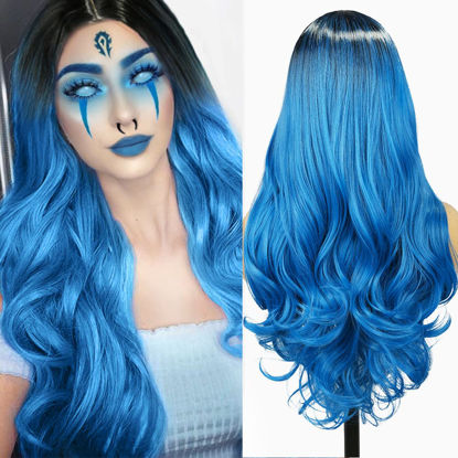 Picture of Fancy Hair Ombre Blue Wig Bluish Teal Blue Wigs Long Curly Wavy Hair Wigs Heat Resistant 2 Tones Dark Roots Synthetic Daily Party Cosplay Wigs for Black Women