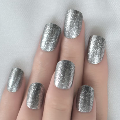 Picture of Short Nails Press On Silver Glitter Fake Nail Shimmer Full Cover Artifcial False Nail Women Makeup Manicure Art