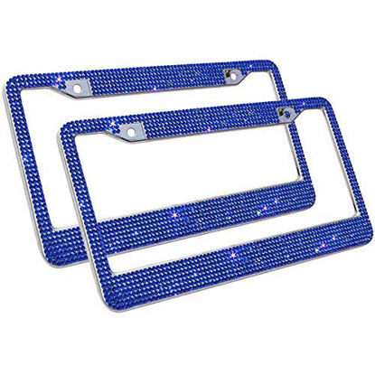 Picture of 2 Pack Glass Diamond Car License Plate Frame Luxury Handcrafted Bling Rhinestone Premium Stainless Steel License Plate Frame with Finest 14 Facets SS20 Clear Color Rhinestone Crystal (Blue)