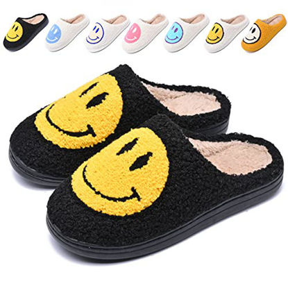 Picture of Cute Smile Face Slippers for Women and Men,Soft Plush Comfy Warm Couple Slip-On House Happy Face Slippers For Winter Indoor Outdoor Smile Slippers Non-slip Fuzzy Flat Slides Black4445