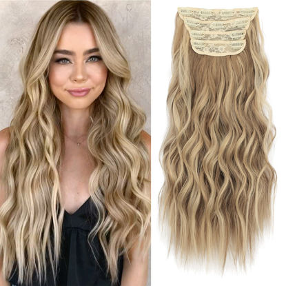 Picture of KooKaStyle Clip in Synthetic Hair Extensions Long Wavy 4PCS Thick Hairpieces Light Brown mix Golden Blonde Fiber Double Weft Natural Hair Extensions 20 Inch for Women