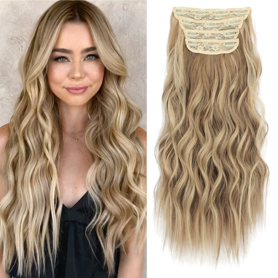 Picture of KooKaStyle Clip in Synthetic Hair Extensions Long Wavy 4PCS Thick Hairpieces Light Brown mix Golden Blonde Fiber Double Weft Natural Hair Extensions 20 Inch for Women
