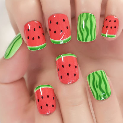Picture of Watermelon Paint Green Red Cute Pattern False Nails Square Short Summer Fresh Fruit Daily Squoval Press On Nails Manicure Salon DIY Gel Polish 24 pcs/kit