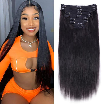Picture of Nvnvdij Straight Clip in Hair Extensions Human Hair 8pcs Per Set with 18Clips Double Weft Clip in Human Hair Extensions Brazilian Virgin Human Hair Natural Black Color For Women (24 Inch, Straight Hair)