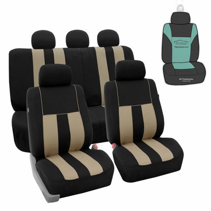 Picture of FH Group Car Seat Cover Full Set Beige Black Striking Striped Front Car Seat Covers and Rear Split Bench Car Seat Cover Universal Fit Interior Accessories for Cars Trucks and SUVs