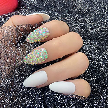 Picture of Coolnail 3D Press On Nails White Bling AB Gems Matte Stiletto Fake False Nails Almond Frosted Oval Short Pointed Full Cover Faux Ongles