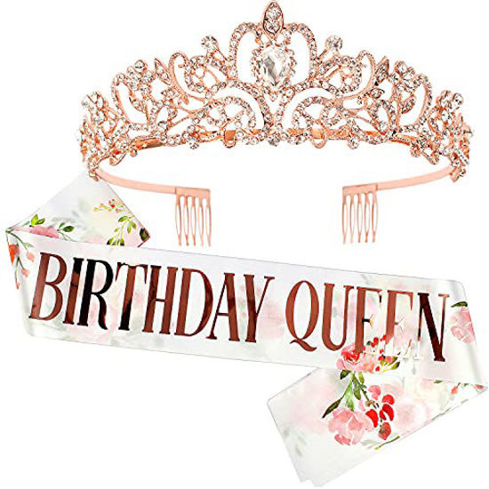 Picture of "Birthday Queen" Sash & Rhinestone Tiara Set COCIDE Rose Gold Birthday Sash and Tiara for Women Birthday Decoration Kit Rhinestone Headband for Girl Glitter Crystal Hair Accessories for Party