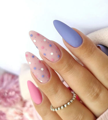 Picture of 24 Pcs Press on Nails Medium, Sunjasmine Fake Nails Almond Glue on Nails, False Nails with Glue, Acrylic Nails for Women and Girls (Blue and Pink)