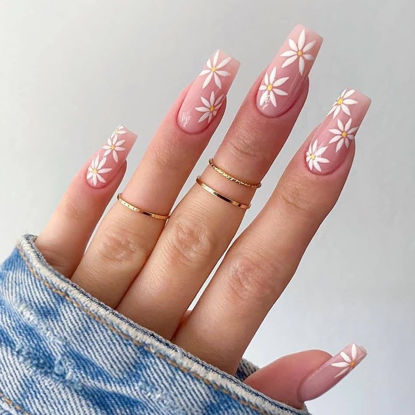 Picture of 24 Pcs Press on Nails Long Coffin, Sunjasmine Fake Nails with Nail Glue, False Nails with Designs Acrylic Nails Glue On Nails for Women and Girls (Pink White Flower)