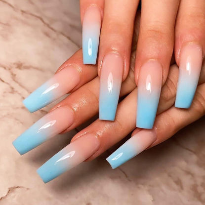 Picture of 24 Pcs Press on Nails Long Coffin, Sunjasmine Fake Nails with Nail Glue, False Nails with Acrylic Nails Glue On Nails for Women and Girls (Pink Mixed Blue)