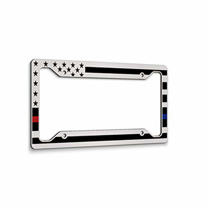 Picture of JASS GRAPHIX American Flag License Plate Frame - Thin Red Line Thin Blue Line- Car Tag Frame -Red Blue On Whiite Police Firefighter