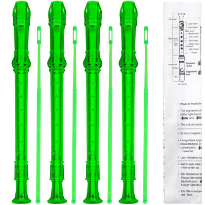 Picture of 4 Pack 8 Hole Plastic Soprano Descant Recorder With Cleaning Rod, Instruction and Storage Bag, German Style (Clear Green)