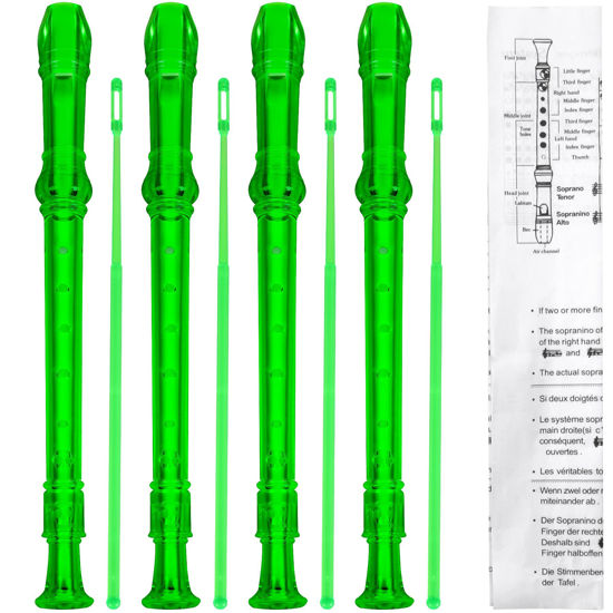 Picture of 4 Pack 8 Hole Plastic Soprano Descant Recorder With Cleaning Rod, Instruction and Storage Bag, German Style (Clear Green)