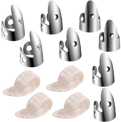 Picture of 12pcs Adjustable Finger Thumb Picks Set Includes 8pcs Silver Stainless Steel Finger Picks and 4pcs Plastic Thumb Picks for Guitar Banjo Harp Bass Plectrum (White)