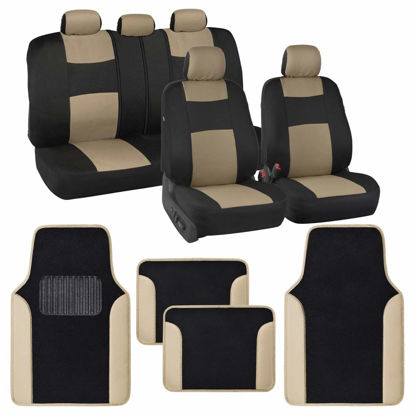 Picture of BDK PolyPro Beige Car Seat Covers Full Set with 4-Piece Car Floor Mats - Two-Tone Seat Covers for Cars with Carpet Floor Mats, Interior Covers for Auto Truck Van SUV