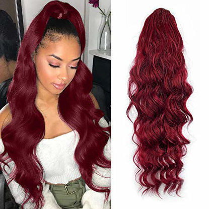 Picture of KETHBE 24 Inch Long Body Wave Ponytail hair Extension Synthetic Heat Resistant Wrap Around Drawstring Curly Wavy Ponytail Hairpieces for Women(Red)