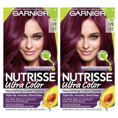 Picture of Garnier Hair Color Nutrisse Ultra Color Nourishing Creme, V2 Dark Intense Violet (Spiced Plum) Purple Permanent Hair Dye, 2 Count (Packaging May Vary)
