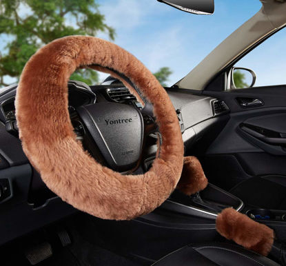 Picture of Yontree Fashion Fluffy Steering Wheel Covers for Women/Girls/Ladies Australia Pure Wool 15 Inch 1 Set 3 Pcs (Brown)
