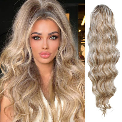 Picture of KETHBE 24 Inch Long Body Wave Ponytail hair Extension Synthetic Heat Resistant Wrap Around Drawstring Curly Wavy Ponytail Hairpieces for Women (P6H613)