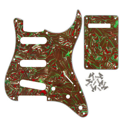 Picture of IKN 4Ply Red/Green Stripe Strat Pickguard Backplate Set for 3 Single Coil Pickups-11 Hole, come with Pickguard Screws