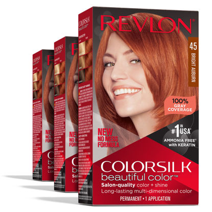 Picture of Permanent Red Hair Color by Revlon, Permanent Hair Dye, Colorsilk with 100% Gray Coverage, Ammonia-Free, Keratin and Amino Acids, 045 Bright Auburn, (Pack of 3)