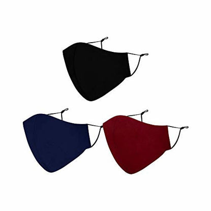Picture of Washable Face Mask with Adjustable Ear Loops & Nose Wire - 3 Layers, 100% Cotton Inner Layer - Cloth Reusable Face Protection with Filter Pocket - Made in USA - 3 Pack (Black, Navy, Burgundy)