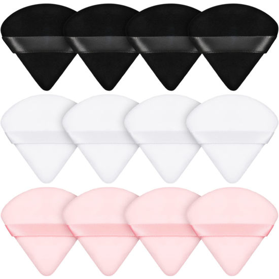 Picture of 12 Pieces Powder Puff Face Triangle Makeup Puff for Loose Powder Soft Body Cosmetic Foundation Sponge Mineral Powder Wet Dry Makeup Tool(Black, White, Pink,Small)