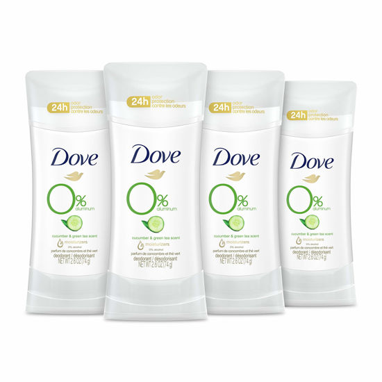 Picture of Dove 0% Aluminum Deodorant 24 Hours Odor Protection Cucumber and Green Tea with ¼ Moisturizers and 0% Alcohol, 2.6 Ounce (Pack of 4)