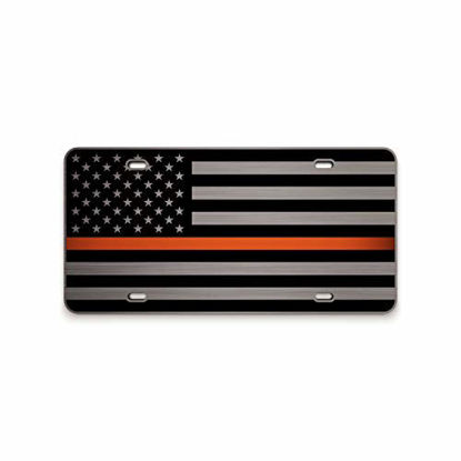 Picture of JASS GRAPHIX SAR EMS Thin Orange Line American Flag License Plate Search and Rescue Matte Black on 1/8" Brushed Aluminum Composite Heavy Duty Tactical Patriot USA Car Tag