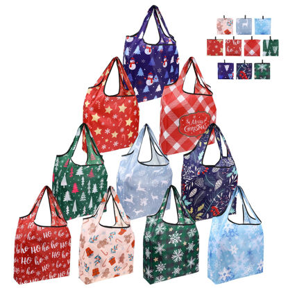 Picture of Unomor Christmas Shopping Reusable Grocery Bags: 10 Pack Large 50LBS Nylon Ripstop Carry Pouch - Foldable Watertight Machine Washable Lightweight Bulk Gift Bags Compact Winter Theme- 15 x 16.5 IN