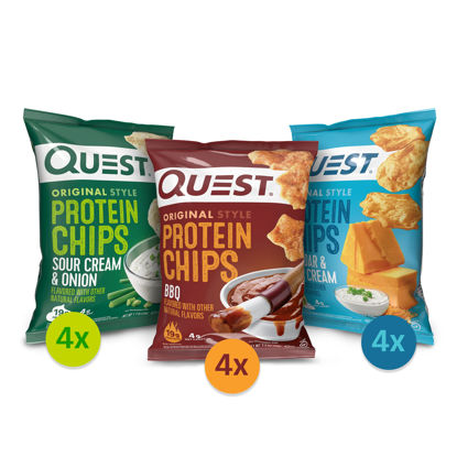 Picture of Quest Nutrition Protein Chips Variety Pack, (BBQ, Cheddar & Sour Cream, Sour Cream & Onion), High Protein, Low Carb, 1.1 Ounce (Pack of 12)