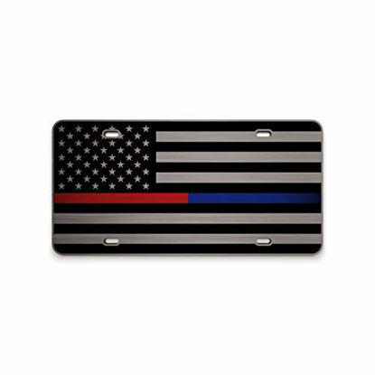 Picture of JASS GRAPHIX Thin Blue Line Thin Red Line American Flag License Plate Matte Black on 1/8" Brushed Aluminum Composite Heavy Duty Tactical Patriot USA Car Tag