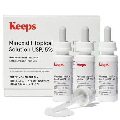 Picture of Keeps Extra Strength Minoxidil for Men Topical Hair Growth Serum, 5% Solution Hair Loss Treatment - 3 Month Supply (3 x 2oz Bottles with Dropper) - Slows Hair Loss & Promotes Thicker Hair Regrowth