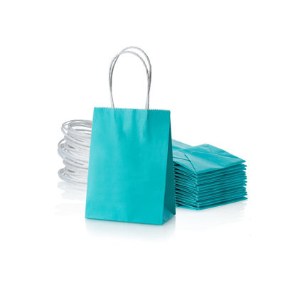 Picture of Small Turquoise Blue Paper Bag with Handle Party Favours Bag 6x4.5x2.5 inch for Baby Shower Birthday Wedding Recycled Bag, Pack of 24