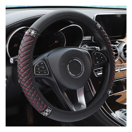 New Diamond Leather Steering Wheel Cover with Bling Bling Crystal  Rhinestones, Universal Fit 15 Inch Car Wheel Protector for Women Girls Black