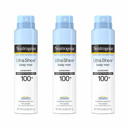 Picture of Neutrogena Ultra Sheer Body Mist Sunscreen Spray Broad Spectrum SPF 100+, Lightweight, Non-Greasy & Water Resistant, Oil-Free & Non-Comedogenic Sunscreen Mist, 3 Packs of 5 oz
