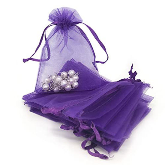 Picture of TheDisplayGuys 48-Pack 3x4 Purple Sheer Organza Gift Bags with Drawstring, Jewelry Candy Treat Wedding Party Favors Mesh Pouch