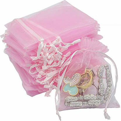 Picture of TheDisplayGuys 48-Pack 6x8 Pink Sheer Organza Gift Bags with Drawstring, Jewelry Candy Treat Wedding Party Favors Mesh Pouch