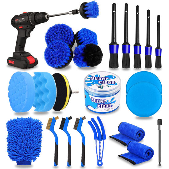 Picture of 24PCS Car Detailing Brush Set, Car Detailing kit, Auto Detailing Drill Brush Set, Car Detailing Brushes, Car Wash Kit with Cleaning Gel, Car Cleaning Tools Kit for Interior,Exterior, Wheels, Dashboard